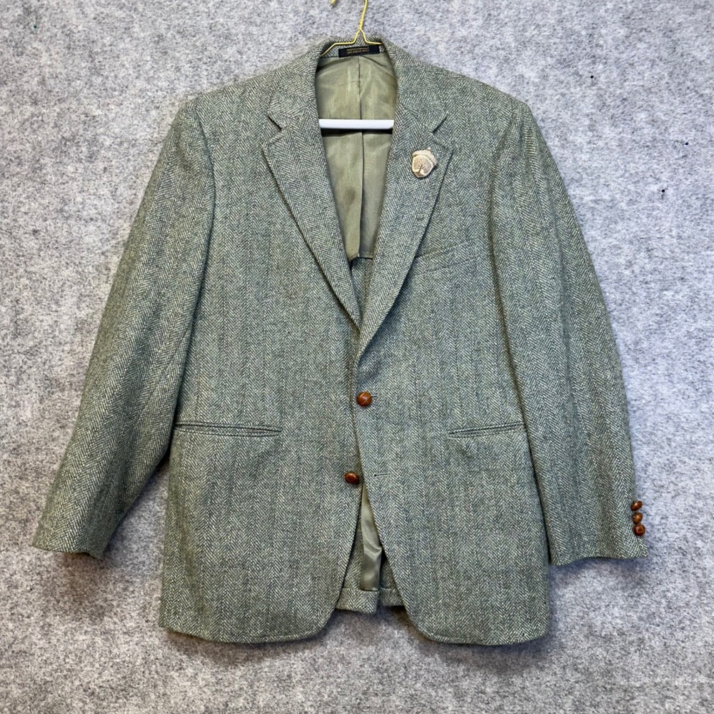 Deansgate Outrigger Blazer Men Size 40L Green Herringbone Wool Sport Coat VTG